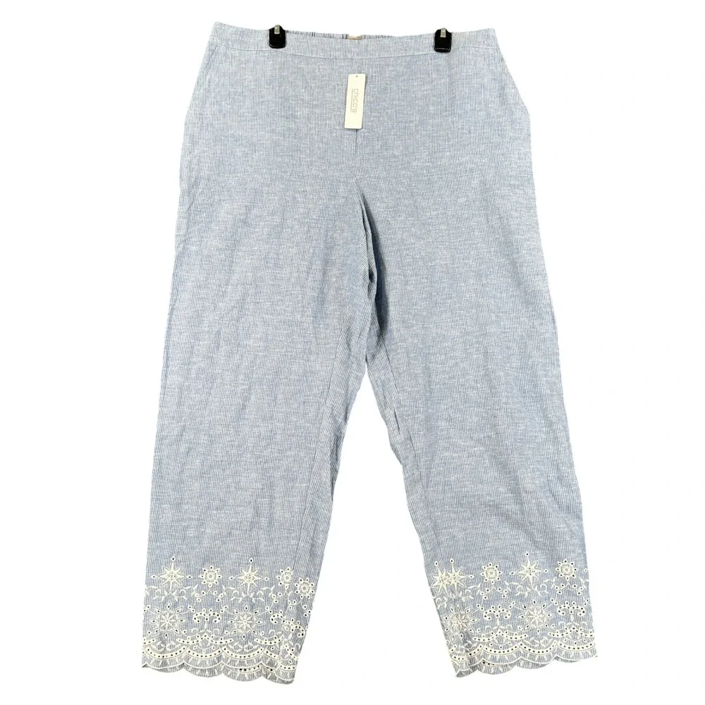 Chicos Pull On Straight Ankle Pant Women 16 Linen Blend Blue Stripe Eyelet Hem